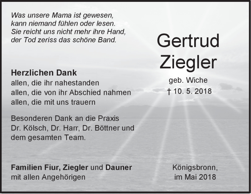 Traueranzeige für Gertrud Ziegler vom 24.05.2018 aus Heidenheimer Zeitung