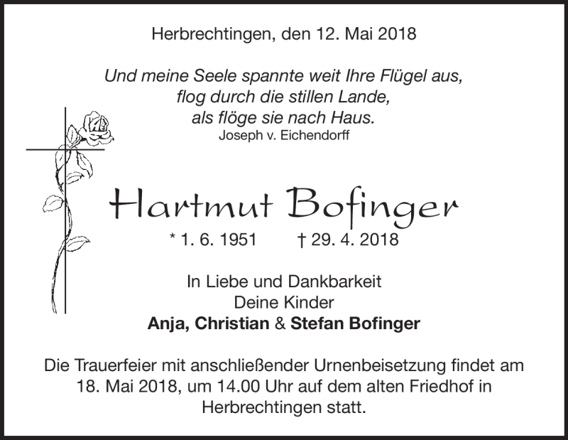  Traueranzeige für Hartmut Bofinger vom 12.05.2018 aus Heidenheimer Zeitung