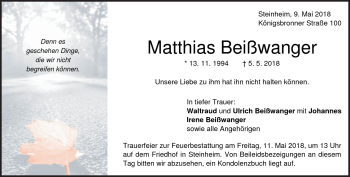 Traueranzeige von Matthias Beißwanger von Heidenheimer Zeitung