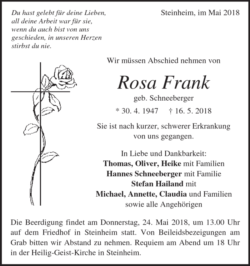  Traueranzeige für Rosa Frank vom 19.05.2018 aus Heidenheimer Zeitung