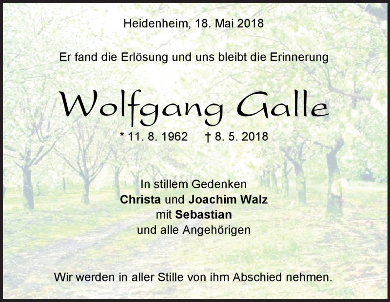  Traueranzeige für Wolfgang Galle vom 18.05.2018 aus Heidenheimer Zeitung