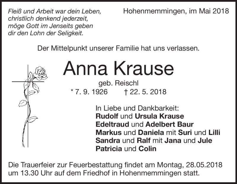  Traueranzeige für Anna Krause vom 25.05.2018 aus Heidenheimer Zeitung