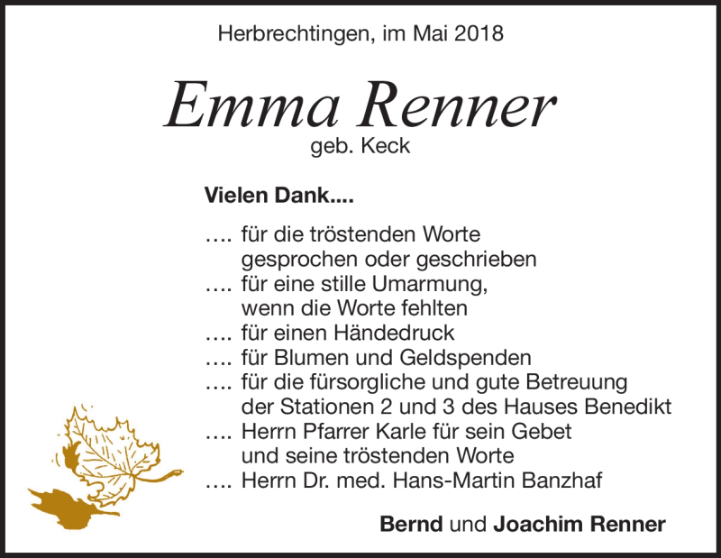  Traueranzeige für Emma Renner vom 05.05.2018 aus Heidenheimer Zeitung