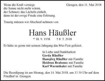 Traueranzeige von Hans Häußler von Heidenheimer Zeitung