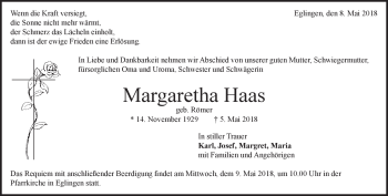 Traueranzeige von Margaretha Haas von Heidenheimer Zeitung