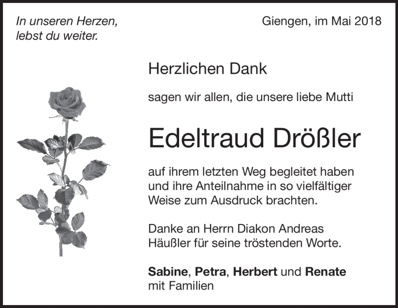  Traueranzeige für Edeltraud Drößler vom 17.05.2018 aus Heidenheimer Zeitung
