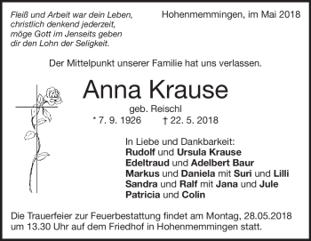 Traueranzeige von Anna Krause von Heidenheimer Zeitung