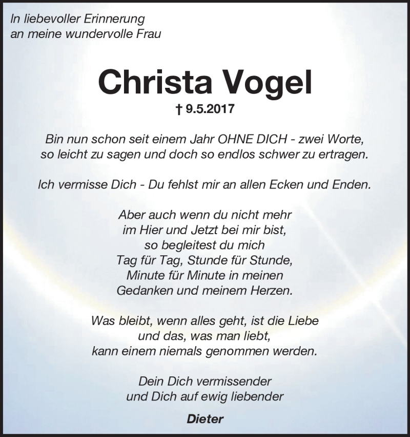  Traueranzeige für Christa  Vogel vom 09.05.2018 aus Heidenheimer Zeitung