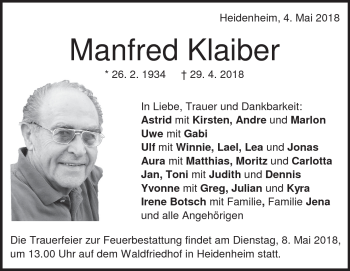 Traueranzeige von Manfred Klaiber von Heidenheimer Zeitung