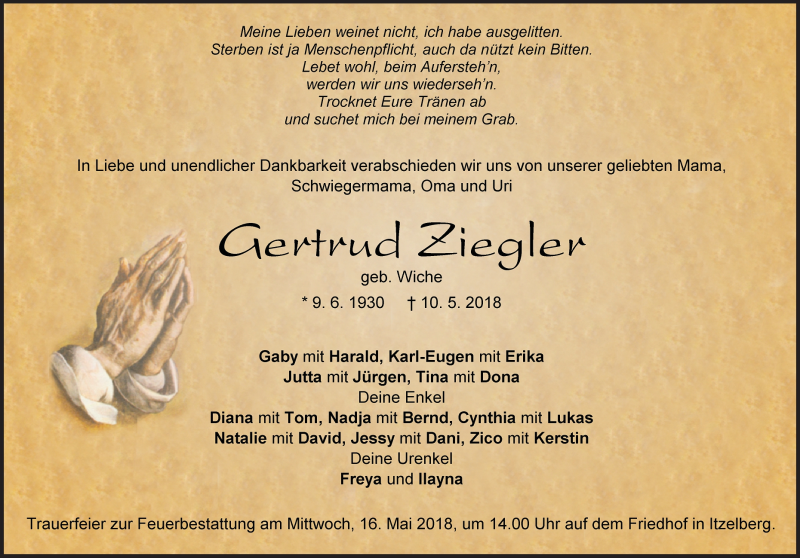  Traueranzeige für Gertrud Ziegler vom 12.05.2018 aus Heidenheimer Zeitung