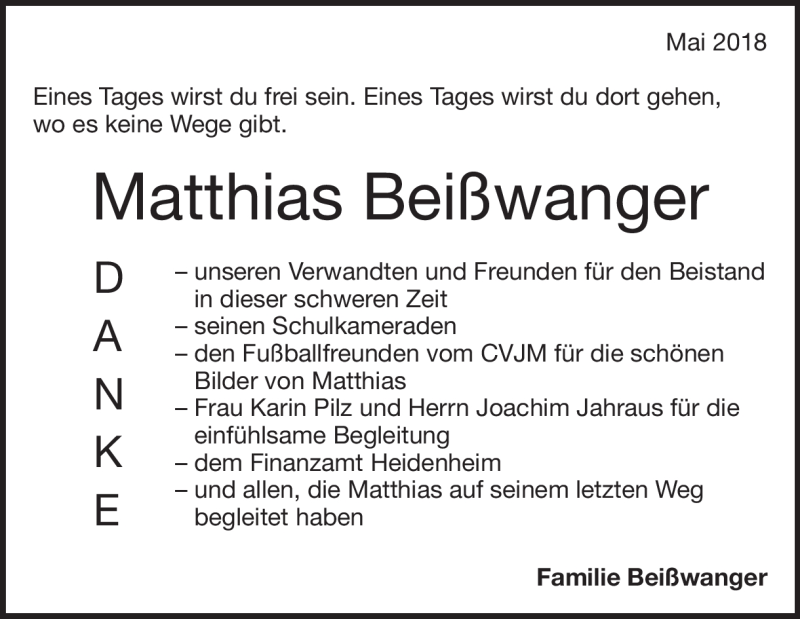  Traueranzeige für Matthias Beißwanger vom 30.05.2018 aus Heidenheimer Zeitung