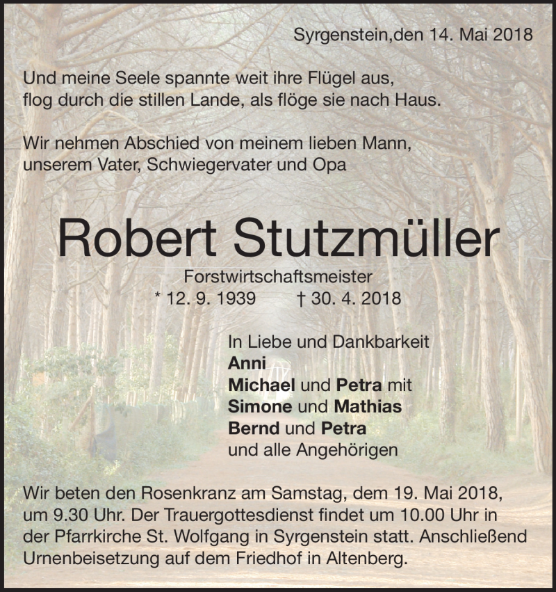  Traueranzeige für Robert Stutzmüller vom 14.05.2018 aus Heidenheimer Zeitung