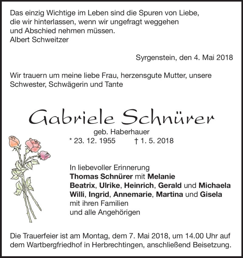  Traueranzeige für Gabriele Schnürer vom 04.05.2018 aus Heidenheimer Zeitung