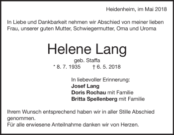 Traueranzeige von Helene Lang von Heidenheimer Zeitung