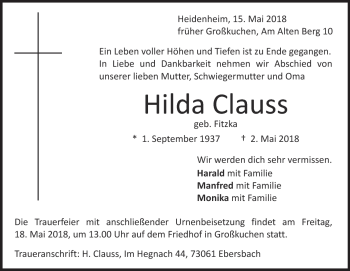 Traueranzeige von Hilda Clauss von Heidenheimer Zeitung