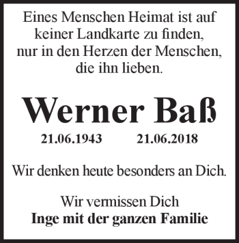Traueranzeige von Werner Baß von Heidenheimer Zeitung