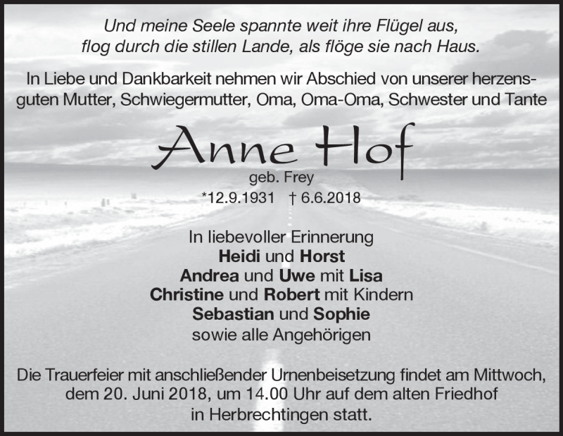  Traueranzeige für Anne Hof vom 13.06.2018 aus Heidenheimer Zeitung