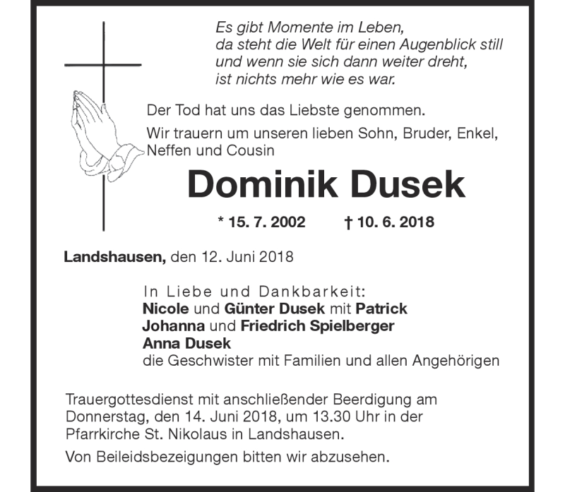  Traueranzeige für Dominik Dusek vom 13.06.2018 aus Heidenheimer Zeitung