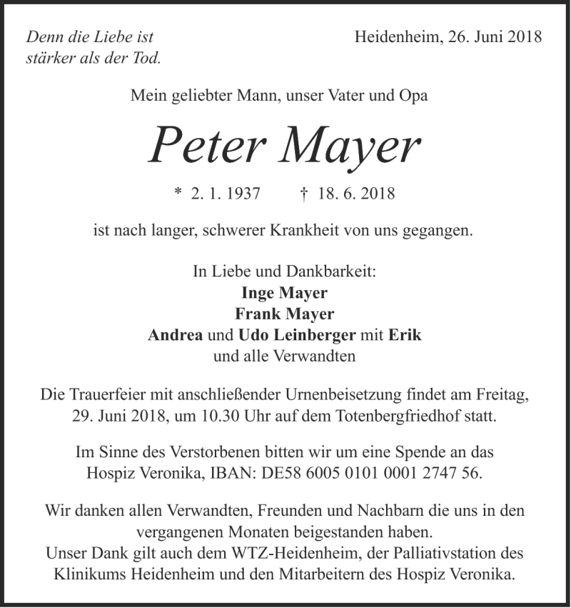  Traueranzeige für Peter Mayer vom 26.06.2018 aus Heidenheimer Zeitung