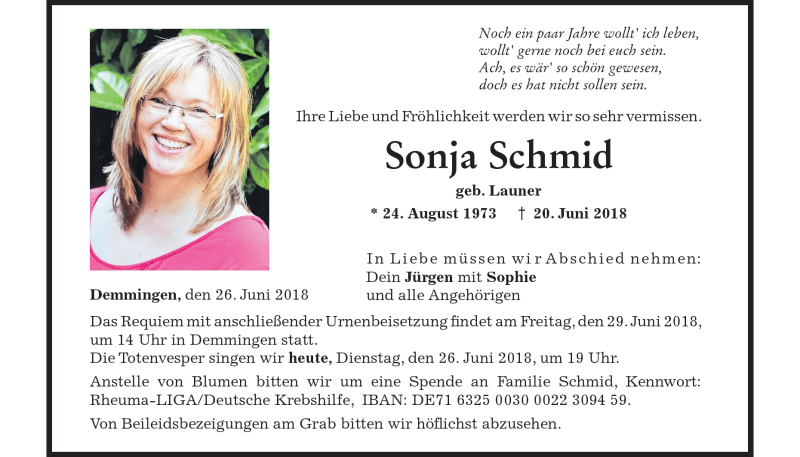  Traueranzeige für Sonja Schmid vom 26.06.2018 aus Heidenheimer Zeitung
