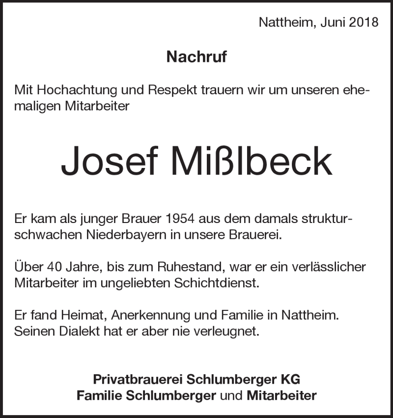  Traueranzeige für Josef Mißlbeck vom 16.06.2018 aus Heidenheimer Zeitung
