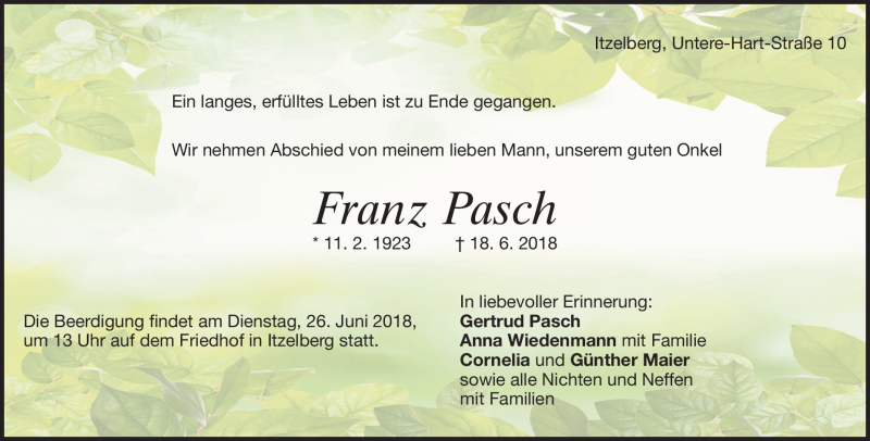  Traueranzeige für Franz Pasch vom 21.06.2018 aus Heidenheimer Zeitung
