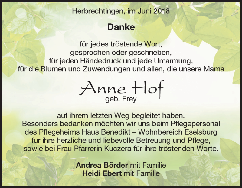  Traueranzeige für Anne Hof vom 23.06.2018 aus Heidenheimer Zeitung