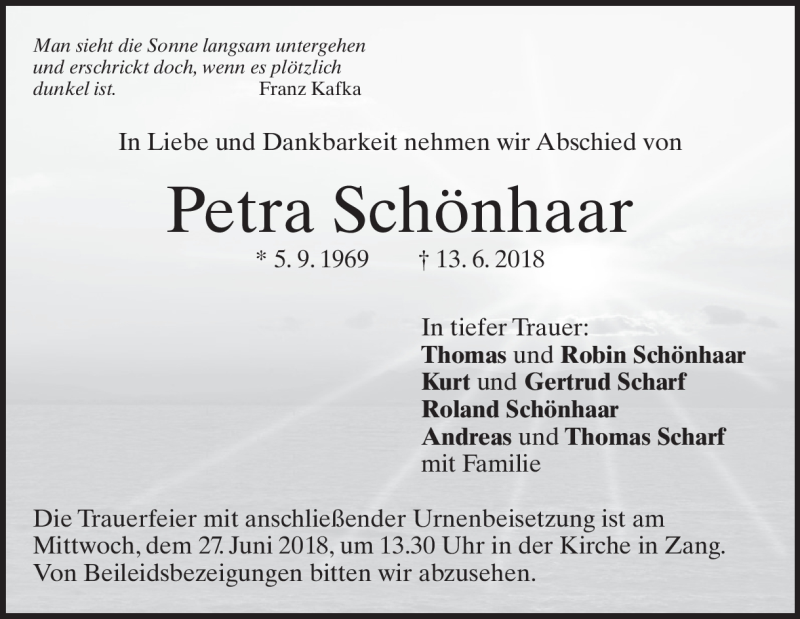  Traueranzeige für Petra Schönhaar vom 25.06.2018 aus Heidenheimer Zeitung