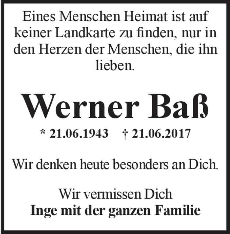  Traueranzeige für Werner Baß vom 21.06.2018 aus Heidenheimer Zeitung