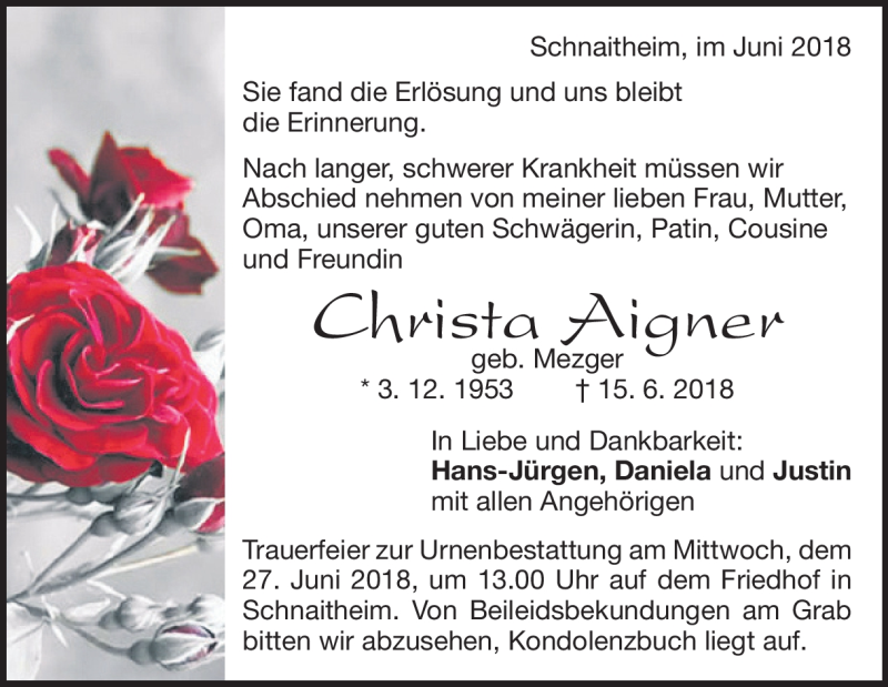  Traueranzeige für Christa Aigner vom 25.06.2018 aus Heidenheimer Zeitung