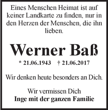 Traueranzeige von Werner Baß von Heidenheimer Zeitung