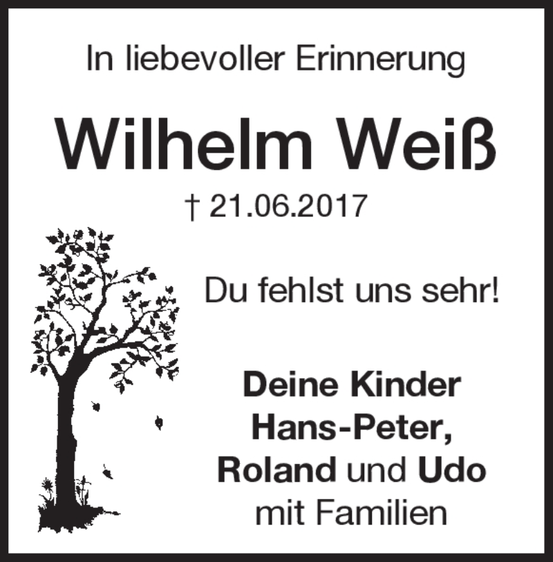  Traueranzeige für Wilhelm Weiß vom 21.06.2018 aus Heidenheimer Zeitung