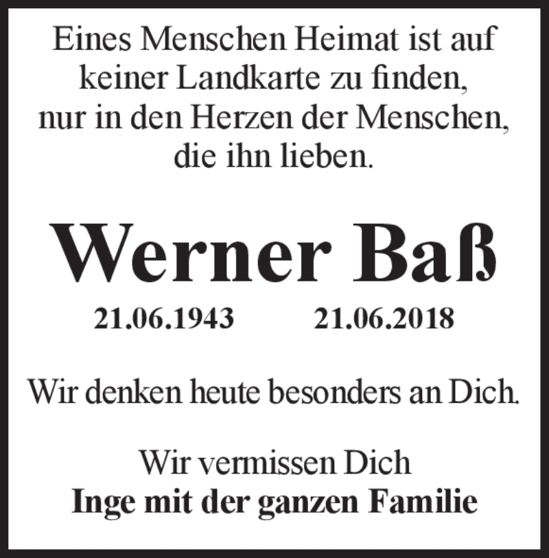  Traueranzeige für Werner Baß vom 22.06.2018 aus Heidenheimer Zeitung