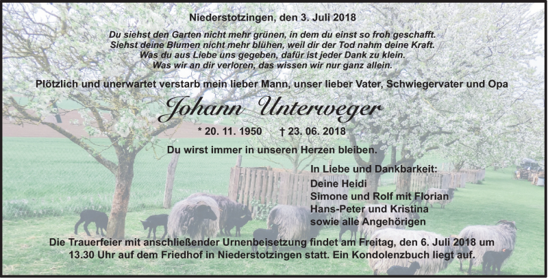  Traueranzeige für Johann Unterweger vom 03.07.2018 aus Heidenheimer Zeitung