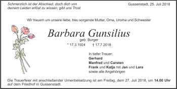 Traueranzeige von Barbara Gunsilius von Heidenheimer Zeitung