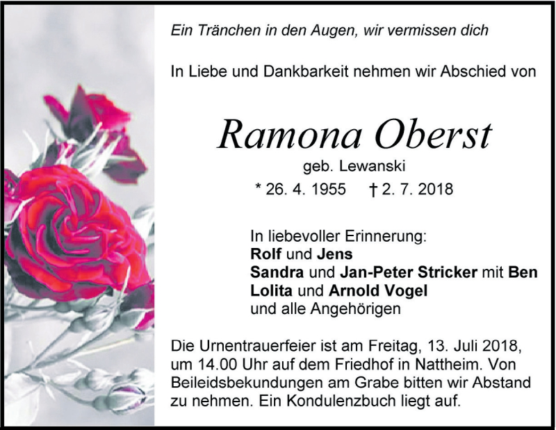  Traueranzeige für Ramona Oberst vom 11.07.2018 aus Heidenheimer Zeitung