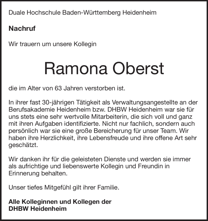  Traueranzeige für Ramona Oberst vom 12.07.2018 aus Heidenheimer Zeitung