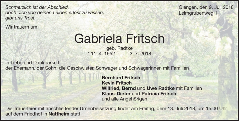  Traueranzeige für Gabriela Fritsch vom 09.07.2018 aus Heidenheimer Zeitung