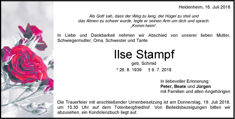  Traueranzeige für Ilse Stampf vom 16.07.2018 aus Heidenheimer Zeitung