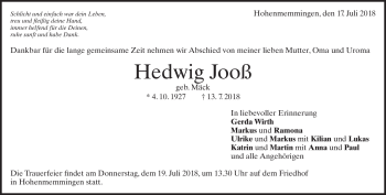 Traueranzeige von Hedwig Jooß von Heidenheimer Zeitung