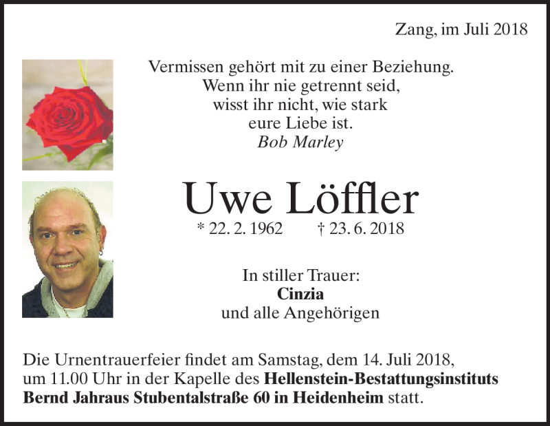  Traueranzeige für Uwe Löffler vom 07.07.2018 aus Heidenheimer Zeitung