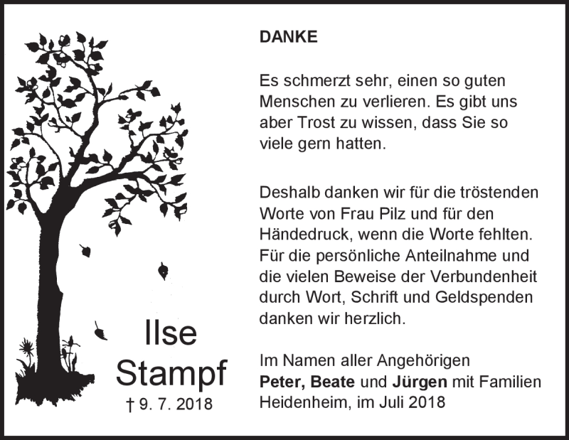  Traueranzeige für Ilse Stampf vom 27.07.2018 aus Heidenheimer Zeitung