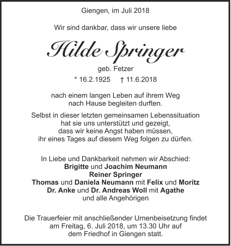  Traueranzeige für Hilde Springer vom 03.07.2018 aus Heidenheimer Zeitung