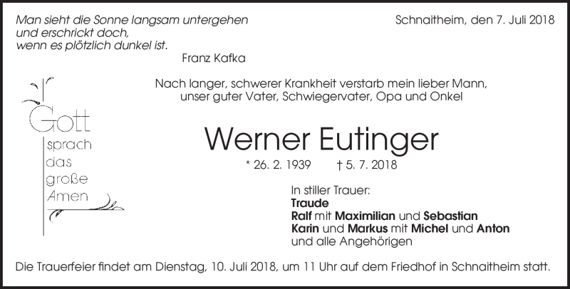  Traueranzeige für Werner Eutinger vom 07.07.2018 aus Heidenheimer Zeitung