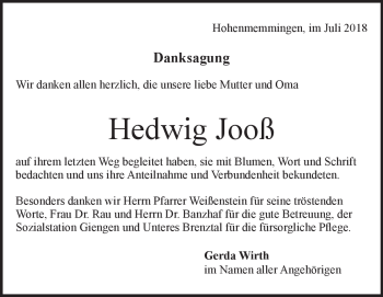 Traueranzeige von Hedwig Jooß von Heidenheimer Zeitung