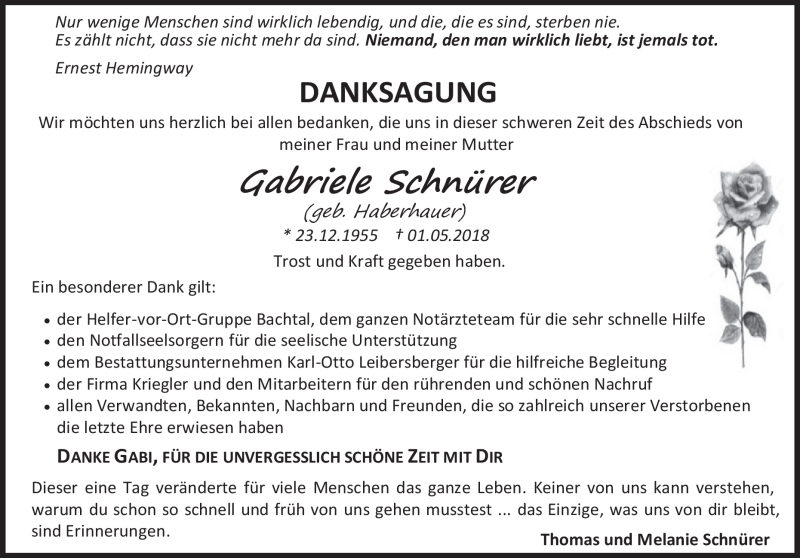  Traueranzeige für Gabriele Schnürer vom 11.08.2018 aus Heidenheimer Zeitung