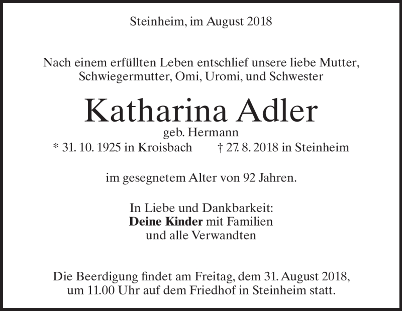  Traueranzeige für Katharina Adler vom 29.08.2018 aus Heidenheimer Zeitung