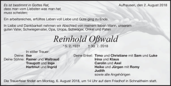 Traueranzeige von Reinhold Oßwald von Heidenheimer Zeitung