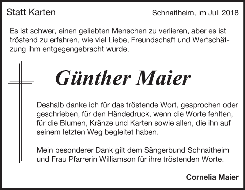  Traueranzeige für Günther Maier vom 17.07.2018 aus 