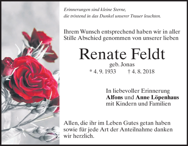  Traueranzeige für Renate Feldt vom 18.08.2018 aus Heidenheimer Zeitung